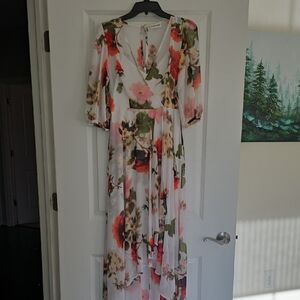 Calvin Klein Floral High-Low Wrap Dress in White, Pink, Green